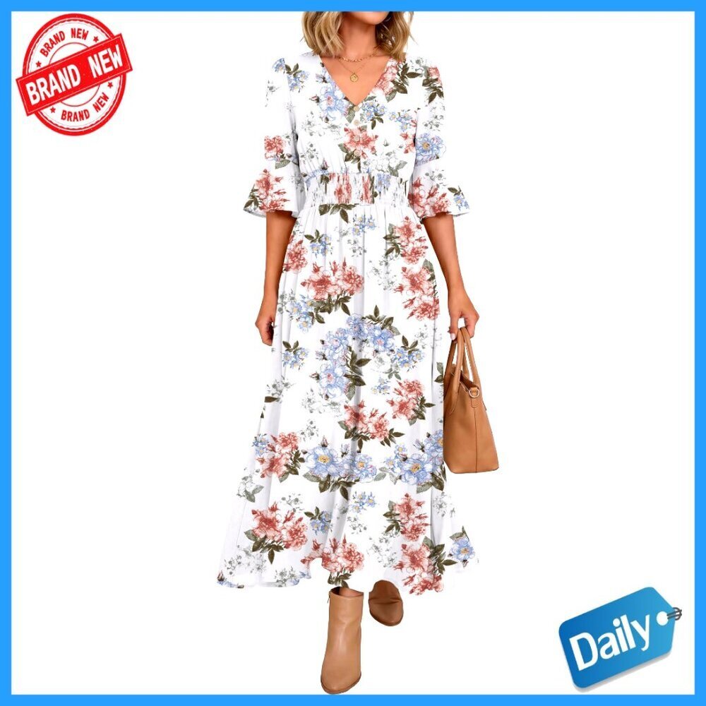 Maxi Dress Boho Ruffle Sleeve V Neck Elastic Waist Flowy Wedding Guest